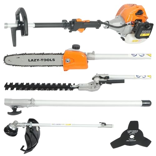 5-in-1 Long Reach Petrol Garden Multi Tool | 430mm Grass Trimmer 255mm Brush Cutter 450mm Adjustable Angle Hedge Trimmer 255mm Chainsaw & Extension Pole | Easy-Start Double Shoulder Harness