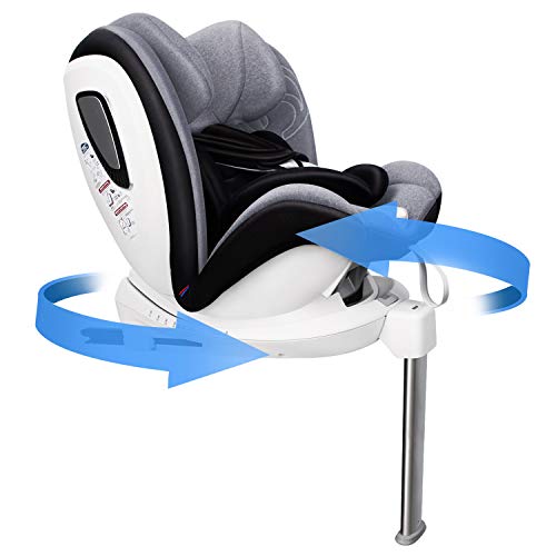 Bonio Silla de Coche Giratoria 360º con Pata de Apoyo, Grupo 0+/1/2/3 (0~36kg), Compatible con ISOFIX, UPF50+ Toldo Parasol (Gris)