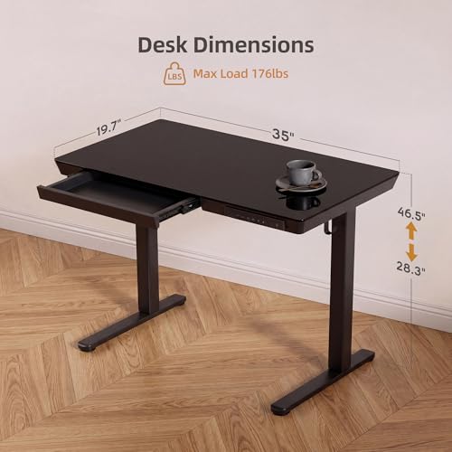 Image of INNOVAR 35 inch Small Glass Standing Desk with Drawers & USB Ports, Whole-Piece Glass Top Adjustable Height Desks, Quick-Install Electric Sit-Stand Up Desk for Home Office & Computer Workstation, Black