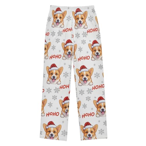 Christmas Pajama Pants Dog Santa Hat Snowflakes Long Sleep Pants Lounge Bottoms
