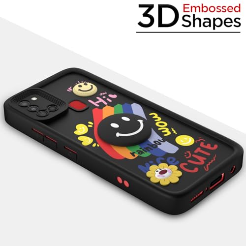 Image of Pikkme Back Cover for Samsung Galaxy A21s | Soft Silicone| Cute Rainbow Smile & 3D Cartoon Flower Design | Shockproof Raised Camera Protection Bumper Case (Black)