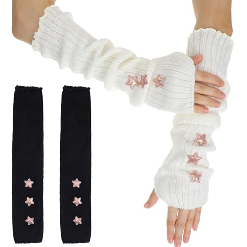 2 pares de calentadores de brazos de invierno para mujer, guantes largos sin dedos, calentadores de brazo de punto elástico, estilo Y2K, lindo calentador de brazos gótico emo con agujero para el