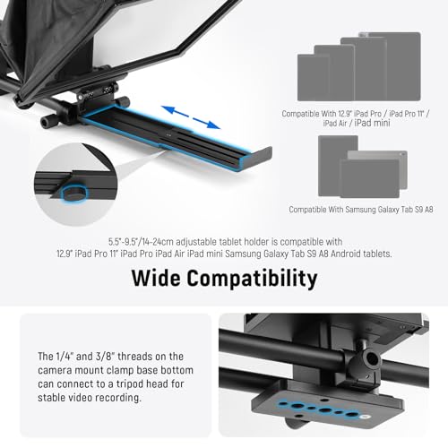 Image of Neewer Teleprompter C12 Modular Design with 15mm LWS Rod Clamp, RT113 Remote, App Control, 12 inch Beamsplitter, Snap in 501PL QR Plate Compatible with LWS Baseplate Camera Cage Shoulder Rig