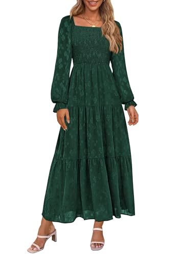 PRETTYGARDEN Wedding Guest Dresses for Women Floral Long Sleeve Smocked Tiered Elegant Long Flowy Boho Dress (Dark Green,Medium)