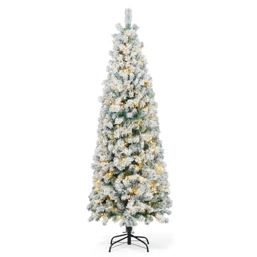 CAPHAUS 6 Feet Pre-lit Artificial Snow Flocked Christmas Pencil Tree w/ 618 Pre-Hinged Branch Tips & Foldable Stand, Fake Slim Christmas Tree for Indoor, Pencil Christmas Tree w/ 250 LED Lights