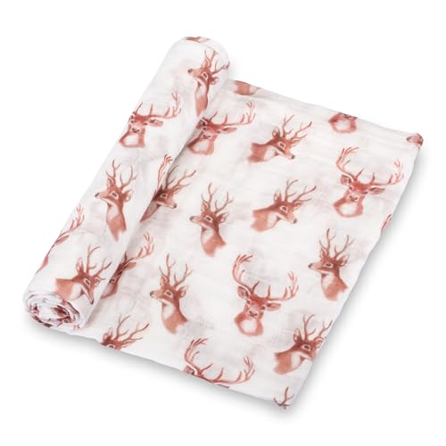 Image of LollyBanks Muslin Swaddle Blanket, 100% Cotton Cozy Baby Blankets for Boys and Girls, Soft and Breathable 47 x 47 Inches Newborn Receiving Blanket, Baby Registry Must Haves (Deer Head Print)
