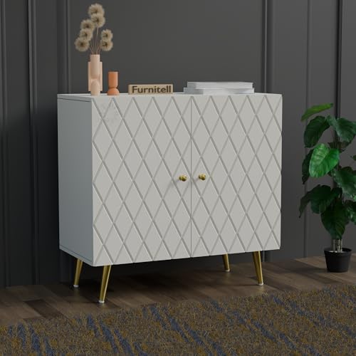 Image of Modern Wooden Storage Cabinet with 2 Doors | Geometric Design Sideboard /Cupboard for Living Room | Multipurpose Organizer for Bedroom & Entryway | HDMR Premium Wood | Gold Metal Legs(White)