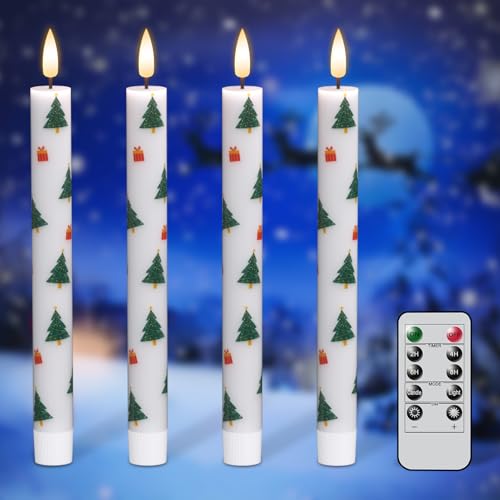 Image of GenSwin Christmas Flameless Taper Candles, 4 Pack Christmas Tree Candles with Remote Timer, Real Wax Flickering LED Flameless Candlesticks Battery Operated with Decals for Home Decor(0.75 inch x 9.65 inch)