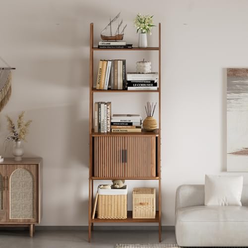 Image of LUVIOHOME 4 Tier Bookshelf with Drawer,Tall Narrow Bookcase with Shelves, Wood and Metal Bookshelves Storage Organizer,Industrial Display Standing for Living Room, Home Office, Entryway (Walnut)
