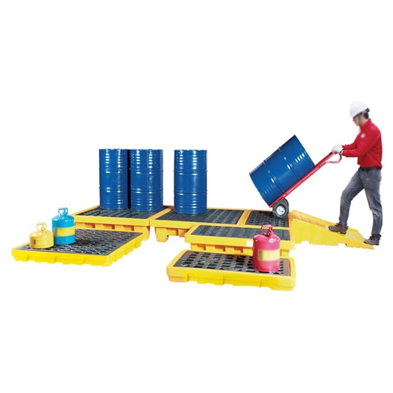 PFCDZDU Oil Drum Spill Platform, Outlet Modular Containment Capacity Pallet, with Drain & Forklift Pockets, Stackable Load Capacity Grating Tray for Industrial(Yellow-2PCS,26.8x26.8x5.5IN)