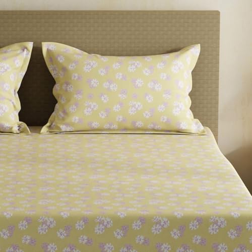 Image of Layers 100% Cotton Bedsheet for Double Size Bed | Lumina Floret Collection | 144 TC Soft & Breathable | Floral Print with 2 Pillow Covers | Wrinkle Free & Colorfast | 3 Piece Bedding Set - Yellow
