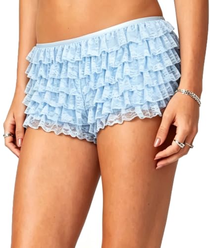 Image of Yiulangde Women Lace Bloomers Layered Ruffle Mini Shorts Y2k Pettipants | Shorts Women,Lolita Ruffled Bloomer Shorts for Under Skirts,Fluffy Booty Shorts,Rave Boy Short Panties,Going out Bottoms