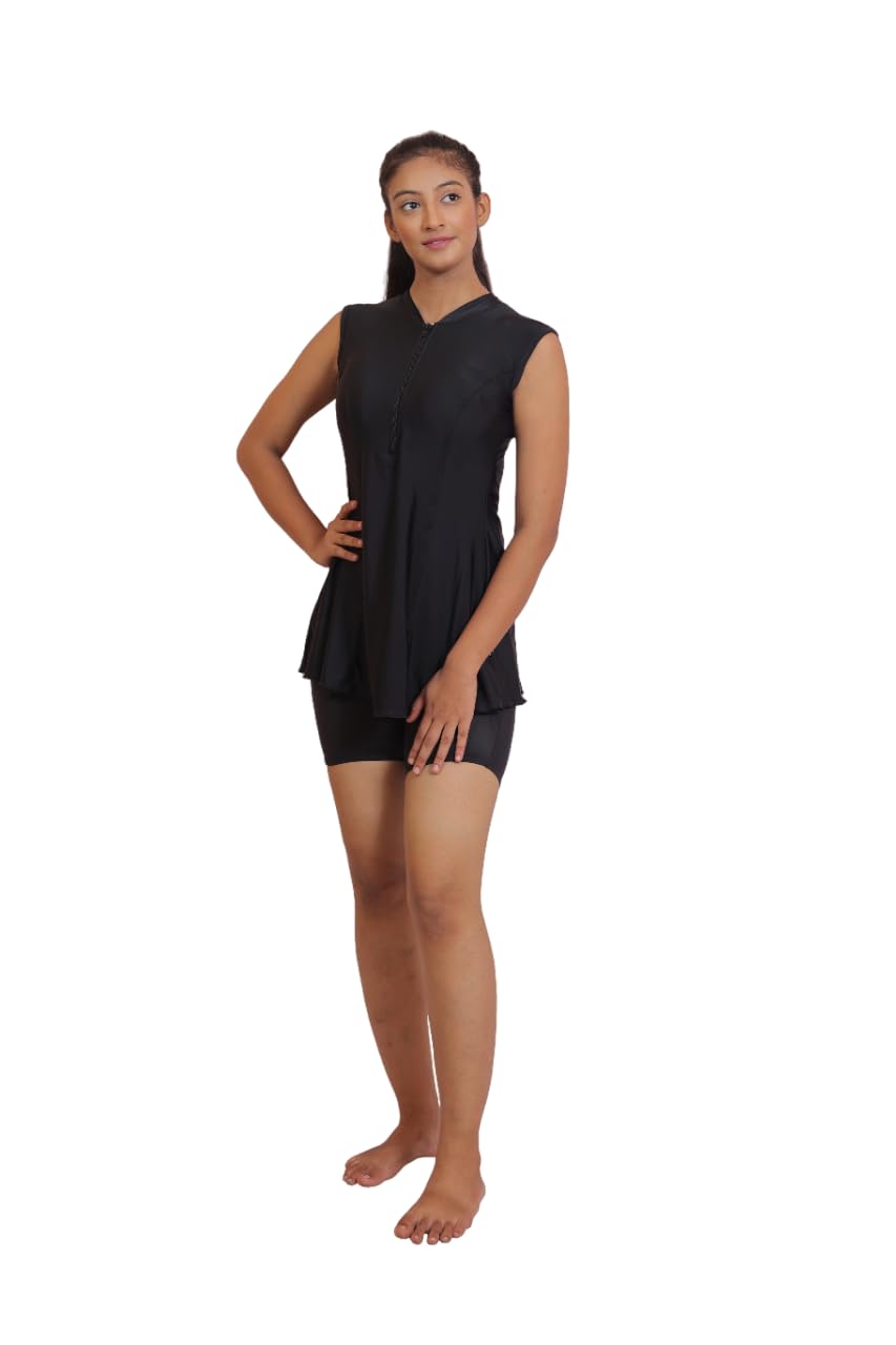 aashray New Premium Swimming Costume for Women's & Girl's ! Sleeveless Boy Shorts 4 Way Stratchable Fabric with Pads and Front Open Zip ! A-Line Highneck +Chain-picture-17