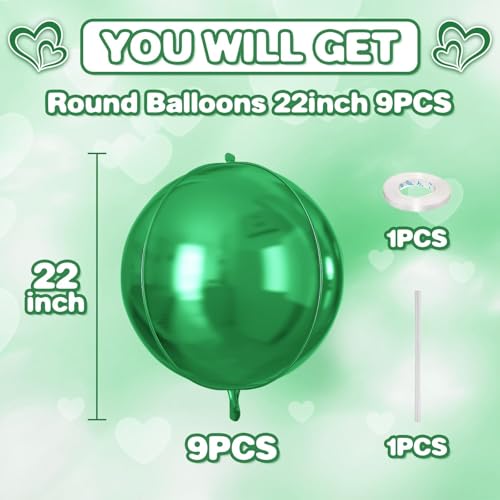 Image of 9 Pcs Green Round Foil Balloons,22 Inch Metallic Green Round Balloons | Giant 4D Round Ball Balloons Green For St Patrick's Day Birthday Baby Shower Jungle Safari Party Decorations