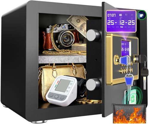 Safe Box with Digital Keypad & Alarm System - Electronic Lock Box for Jewelry Cash with Adjustable Shelves - Includes LED Light & Fireproof and Waterproof Bag(0.8/1.0/1.3/1.53/2.5Cuft)