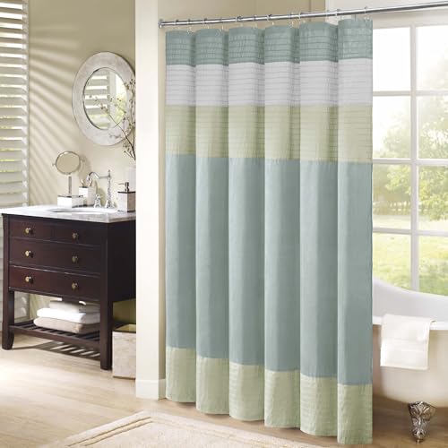 Image of Madison Park Amherst Striped Fabric Aqua Shower Curtain,Pieced Transitional Simple Shower Curtains for Bathroom, 72 X 72, Blue