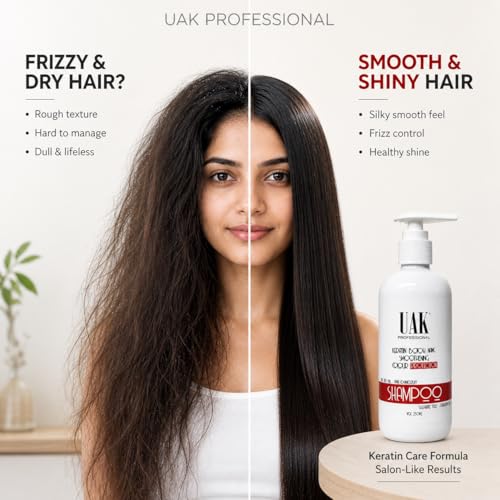 Image of UAK Professional Keratin Shampoo for Smooth & Frizz Control Hair | Salon Professional Hair Care | Helps Repair Dry & Damaged Hair | Color Safe | For Men & Women | 250 ml