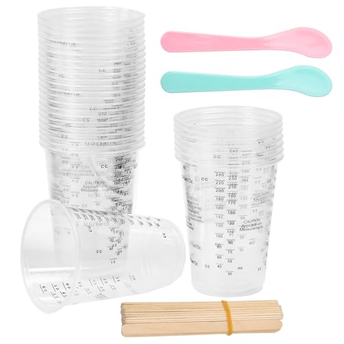 LANSKYLAN Vaso Medidor Plastico 240ml, 30 Vasos Medidores para Resina Epoxi con 30Palos de Madera y 10Varillas Agitadoras, Vasos Graduados Plastico con Escala Taza Medidora dePlástico para Yeso Colada