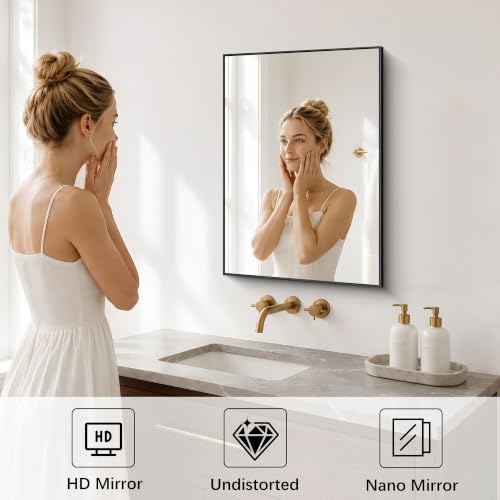 Image of DESBING 16 inch x 24 inch Bathroom Mirror, Black Metal Frame Wall Mirror | HD Image,Shatterproof Decorative Rectangular Vanity Mirror for Bedroom Bathroom Living Room Entryway Horizontal or Vertical