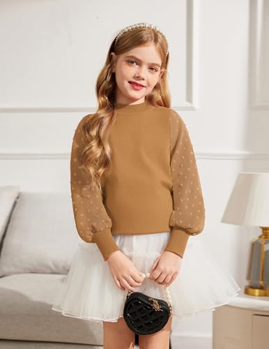 Image of Arshiner Girls Puff Long Sleeve Sweaters Crewneck Lace Polka Dot Casual Knit Tops Pullover Jumper Outwear for Kids