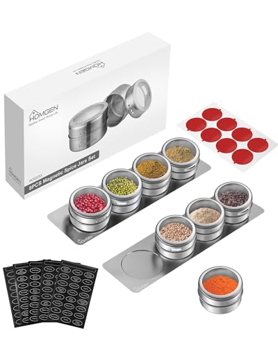 HOMGEN 8 Pack Magnetic Spice Jars Set Stainless Steel Spice Containers 100ml/3.4oz Spice Jars for Fridge BBQ Magnet Spice Tins Set Magnetic Spice Pots with Lids for Kitchen
