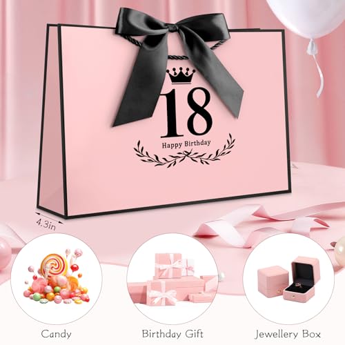 Image of JMANNI 18th Birthday Gift Bag, Pink with Black Satin Bow & Crown Design, Medium Happy 18th Birthday Present Bag for Party Favors, Size 12.60 inchx8.66 inchx4.33 inch
