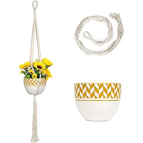 Wandering Nature Macrame Hanging Planters Basket Holder with Ceramic Hanging Planters Pots 5.5 Inch for Indoor Outdoor Home Decor, Yellow Cover
