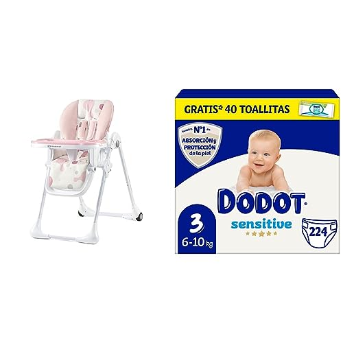 kk Kinderkraft YUMMY Trona bebé Ajustable, Trona portatil, Plegable & Dodot Pañales Bebé Sensitive Talla 3 (6-10 kg), 224 Pañales + 1 Pack de 40 Toallitas Gratis Cuidado