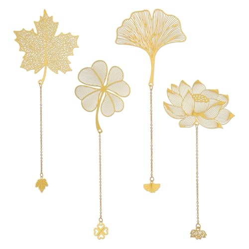 Image of 4 Pcs Metal Bookmarks with Chain, Golden Floral Cutout, Vintage Page Markers for Books, Journals, Notebooks, Ideal Gift for Book Lovers, Students, Office Staff