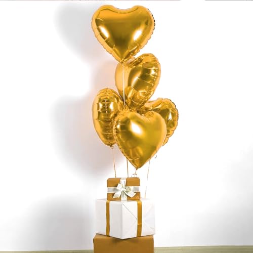 Image of Gold Heart Foil Balloons - 10PCS Heart Shaped Valentines Decorations, 18inch Love Balloons for Helium Wedding, Birthday, Anniversary