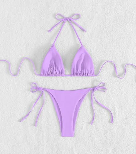 Image of Tainehs Women's Sexy Halter Thong Bikini Tie Two Sides Bottom Triangle Bikini Swimsuits