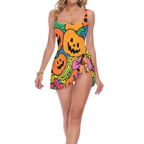Maillot de bain citrouille doodle art col carré idéal pour la plage