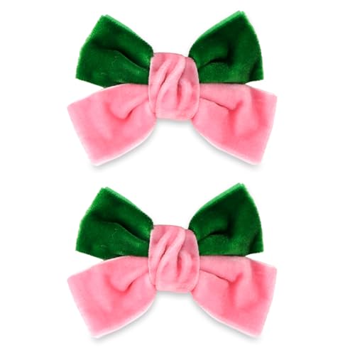 Wecoe 2 piezas Pinzas para el cabello de lazo de terciopelo, lazos de doble capa rosa y verde para niñas y mujeres miniatura 1