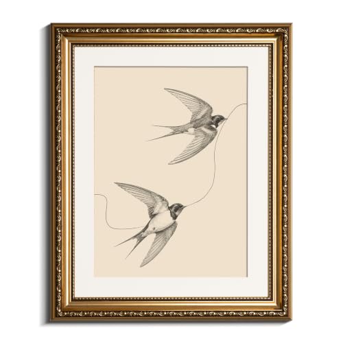 VIYYIEA Vintage Gold Framed Bird Sketch Wall Art for Living Room, 13x16 In