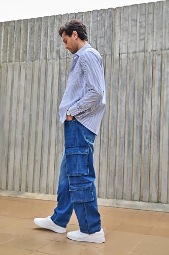 Image of WROGN Men's 100% Cotton Cargo Jeans | Solid | Loose Fit