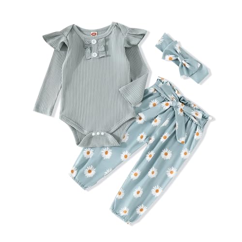 Image of Kislio Newborn Baby Girls Clothes Ribbed Ruffled Romper+Floral Pants+Headband Infant Outfit Set