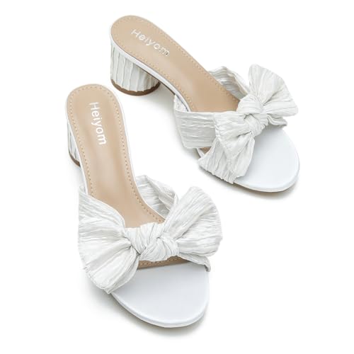 Heiyom Women's Bowknot Low Chunky Heels Mules Sandals Slip on Pleated Bow Heels Wedding Bridal Party Dress Shoes2