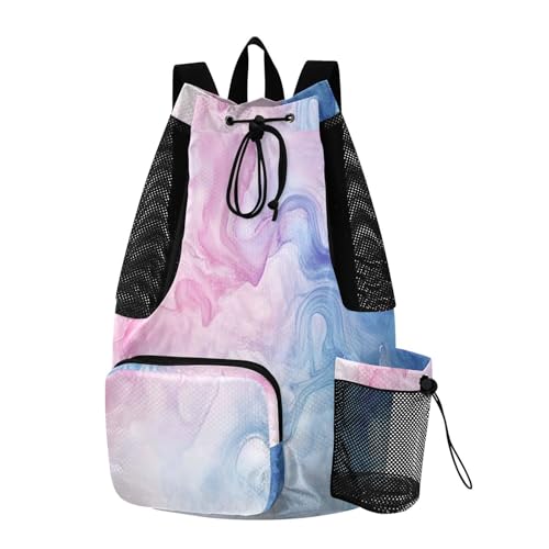 OTVEE Drawstring Backpack for Women Men Gym Sport Cinch String Bag Blue Pink Marble Print Beach Swim Sack with Water Bottle Pocket & Inside Waterproof Wet Pocket
