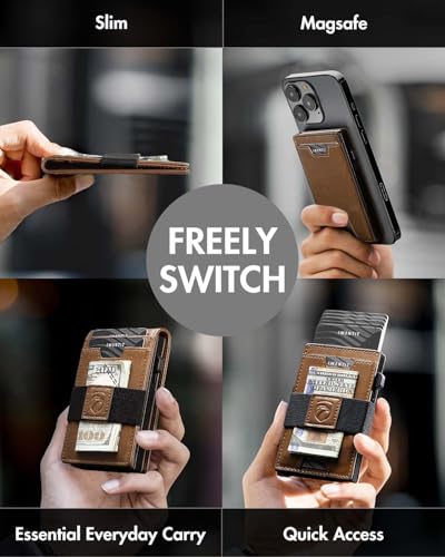Image of iwantit 3 in 1 MagSafe Wallet Men: Slim Bifold Money Clip + Smart Pop up Card Holder - Cash Strap, Men's Minimalist Magnetic Wallet, ID Window, Premium Leather (Vegetable-tanned Khaki)