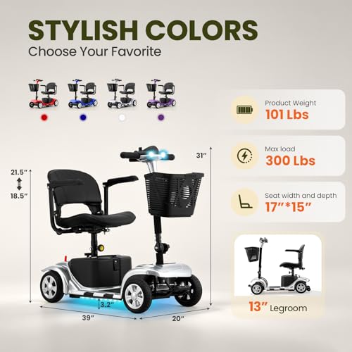 Image of Mobility Scooter for Adults, Senior, 4 Wheels Electric Powered Chargeable Device for Travel, Lightweight Mobility Scooter with LED Headlights and Basket, Charger Included (Silver /Black)