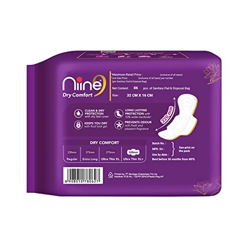Image of NIINE Dry Comfort Ultra Thin XL+ Sanitary Napkins for Heavy Flow (Pack of 7) 42 Pads with Free Biodegradable disposable bags