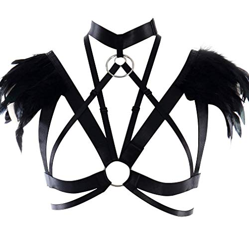 Womens Feathers Harness Bra Epaulette Shoulder Wings Women Festival Rave Gothic Punk Body Plus Size Black