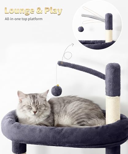 Image of 74 Inch Heavy Duty Cat Tree for Large Cats, Multi-Cat Tower with 3 Condos, Tall Cat Condo with XL Platform, Hanging Basket & Sisal Scratching Posts, PMT04DG, Dark Grey