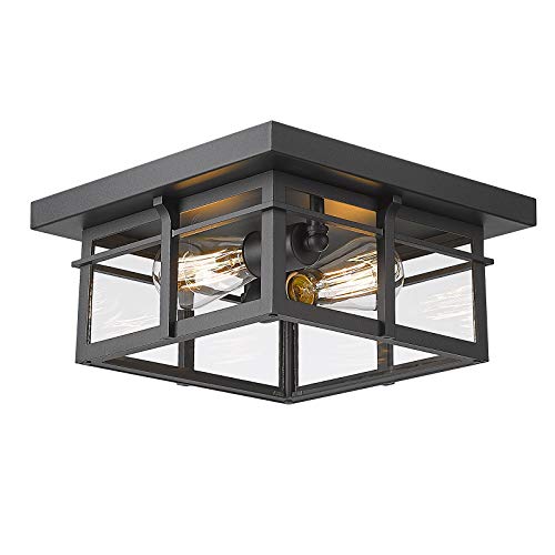 Industrial 2-Light Flush Mount Ceiling Light - HWH 12inch Vintage Close to Ceiling Lighting for Bedroom Dining Living Room, Matte Black Finish with Clear Glass, 5HW29F BK