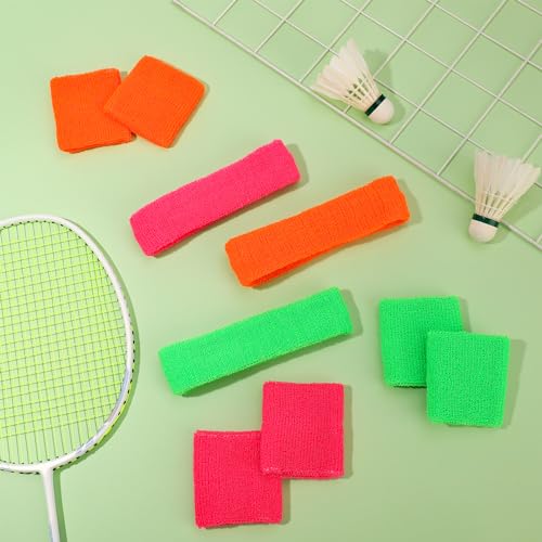 taonganui 9 Stück 80s Sportstirnband mit Armband Schweißband Set Neon 3 Farben Vintage Mottoparty Sport Schweißbänder Baumwolle Saugfähige für 80er Jahre Thema Party Fasching & Karneval
