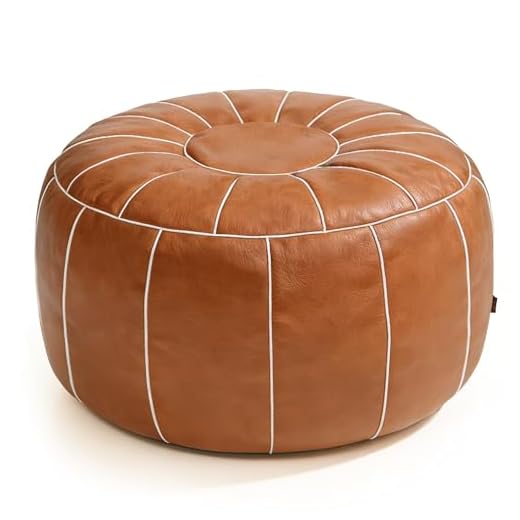 Thgonwid Unstuffed Handmade Moroccan Round Pouf Foot Stool Ottoman Seat Faux Leather Large Storage Bean Bag Floor Chair Foot Rest for Living Room, Bedroom or Balcony (Brown)