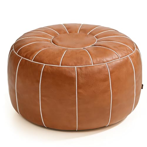 Thgonwid Unstuffed Moroccan Storage Pouf Foot Stool Ottoman Seat Handmade Faux Leather Bean Bag Floor Chair Foot Rest for Living Room, Bedroom or Balcony (Brown)