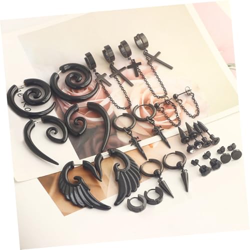 Pendientes negros para hombre de acero inoxidable set de 12 pares con diseño punk y cruces 5