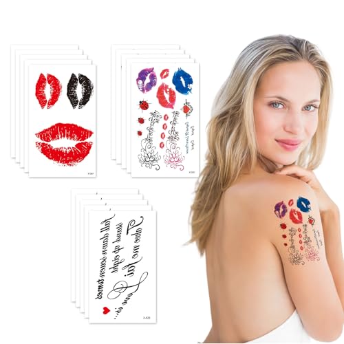 Cosmeria Tatuaggi Temporanei Bacio Stampa Labbra, 15 Fogli con 5 Design Unici, Adesivi per Labbra Amici della Pelle E Facilmente Rimovibili per San Valentino