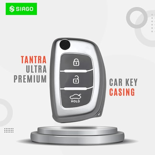 Image of SIAGO TPU Key Cover and Metal Keychain Compatible for Hyundai i 20, Xcent,Verna Flude 3 Button Flip Smart Key Cover (Grey Pack of 2)